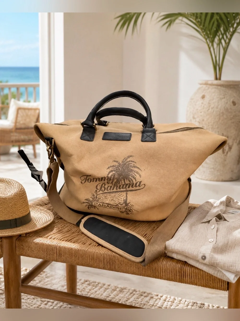 Tommy Bahama Taupe Canvas & Dark Brown Leather Weekender Logo Duffle Bag